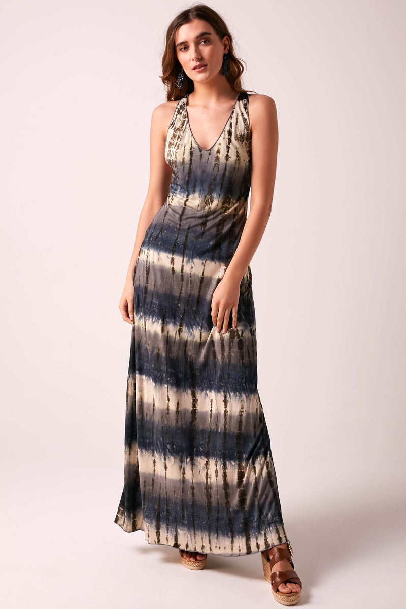 SOPHIA - Beaded Back Maxi Dress Tie Dye  - PEWTER