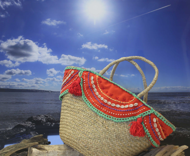 Shell and tassel trimmed IBIZA beach basket - VOLCANO RED