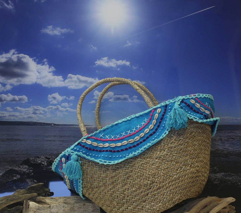 Shell and tassel trimmed IBIZA beach basket - OCEAN TURQUOISE