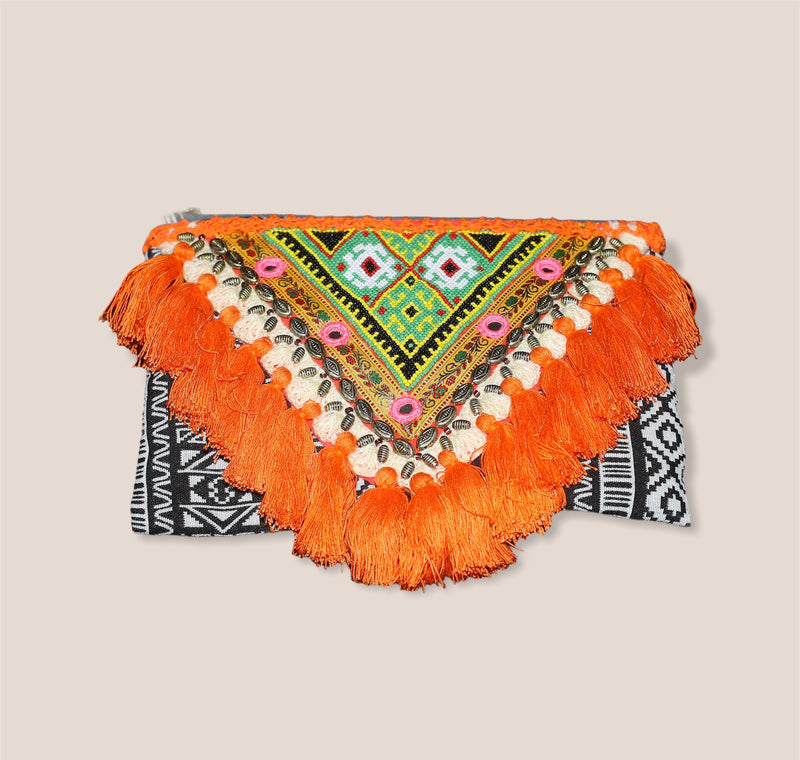 The AZTEC Tassel Clutch Bag - ORANGE