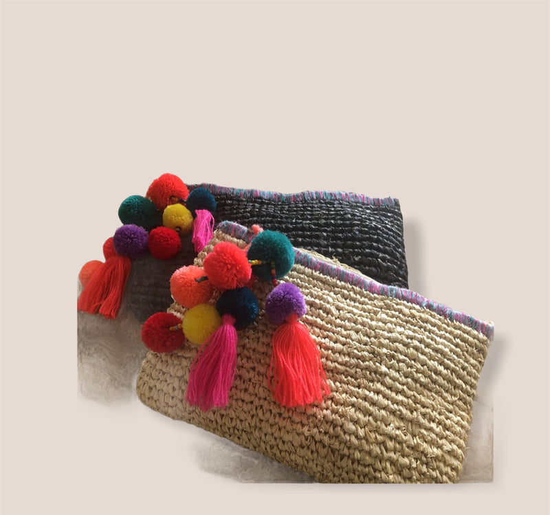 The TAHITI PomPom Clutch Bag - BLACK or NATURAL