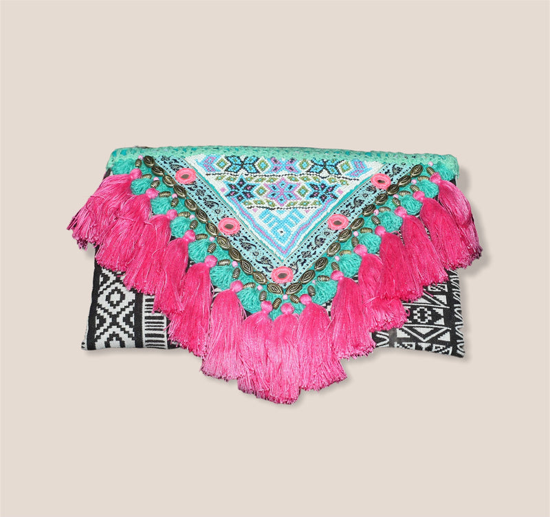 The AZTEC Tassel Clutch Bag - PINK