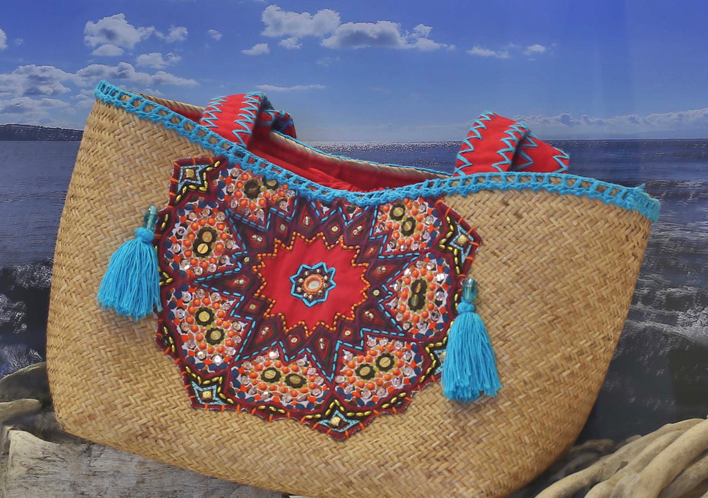 Embellished BALI beach basket bag- NATURAL, TURQUOISE & RED