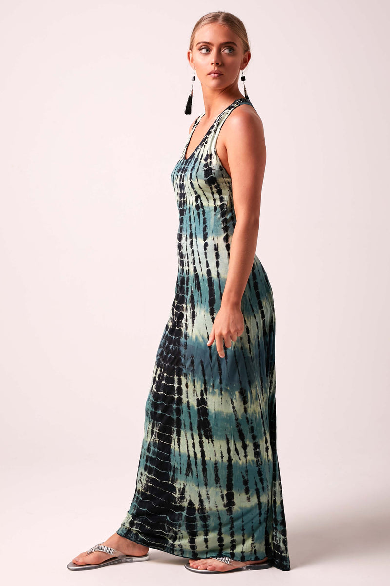 SOPHIA - Beaded Back Maxi Dress Tie Dye  - DEEP FOREST