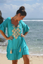 YASMIN Dress - Tealy Turquoise with Vanilla embroidery