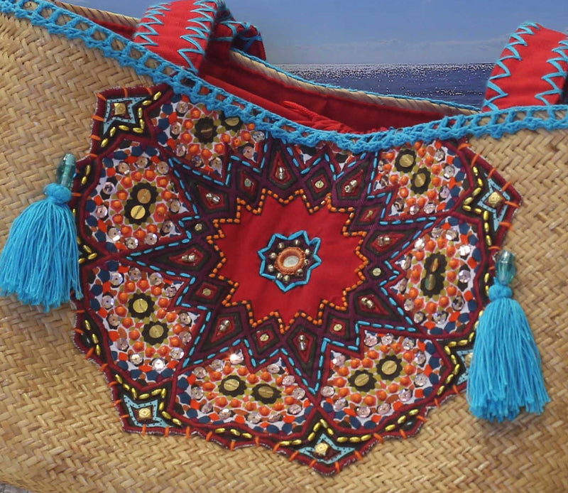 Embellished BALI beach basket bag- NATURAL, TURQUOISE & RED