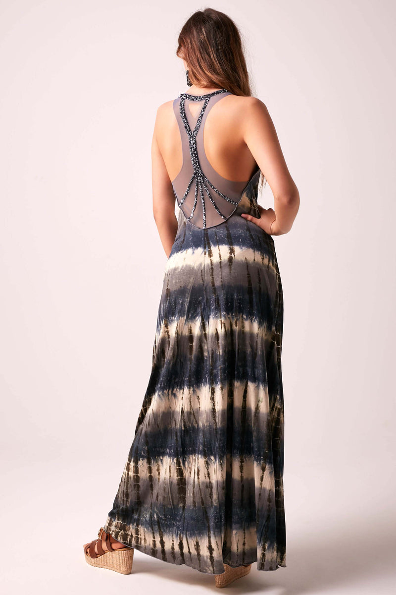 SOPHIA - Beaded Back Maxi Dress Tie Dye  - PEWTER