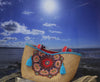 Embellished BALI beach basket bag- NATURAL, TURQUOISE & RED