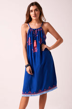 BOHO BIBI - Sun Dress  - Cobalt blue with Almost Neon Pink Embroidery