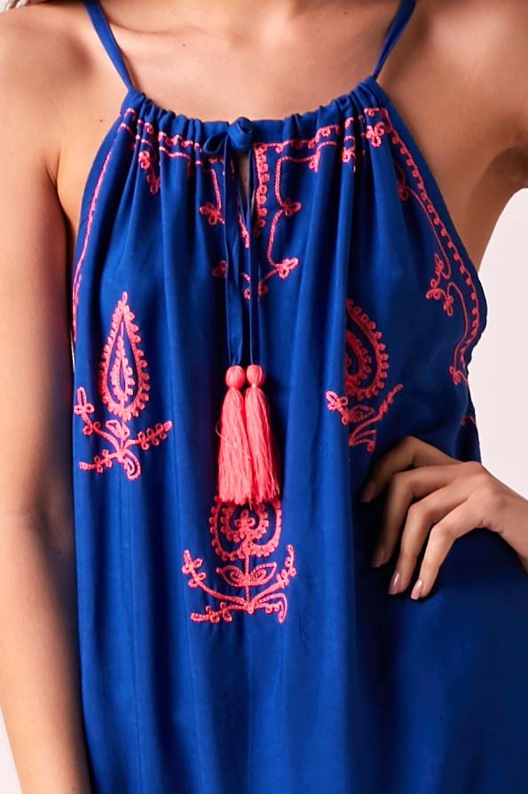 BOHO BIBI - Sun Dress  - Cobalt blue with Almost Neon Pink Embroidery