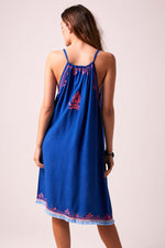 BOHO BIBI - Sun Dress  - Cobalt blue with Almost Neon Pink Embroidery