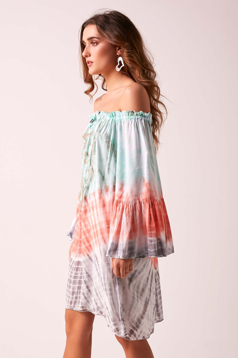 ARABELLA - Ombre Summer Dress - Coral, Aqua and Grey Tie-Dye