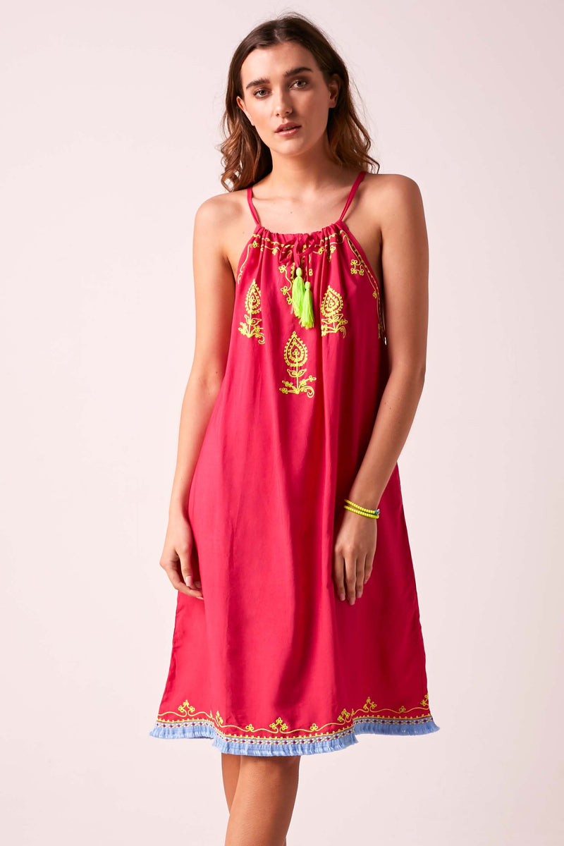 BOHO BIBI - Sun Dress - Fuchsia with Vivid Lime Embroidery