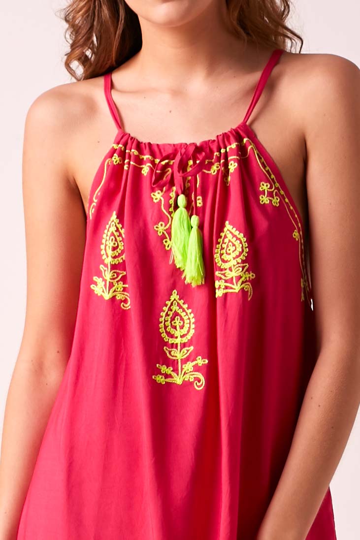 BOHO BIBI - Sun Dress - Fuchsia with Vivid Lime Embroidery
