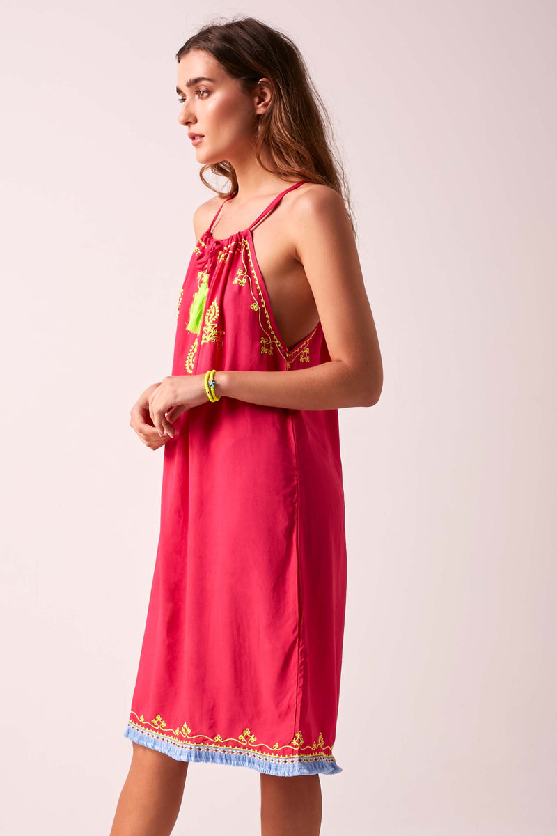 BOHO BIBI - Sun Dress - Fuchsia with Vivid Lime Embroidery