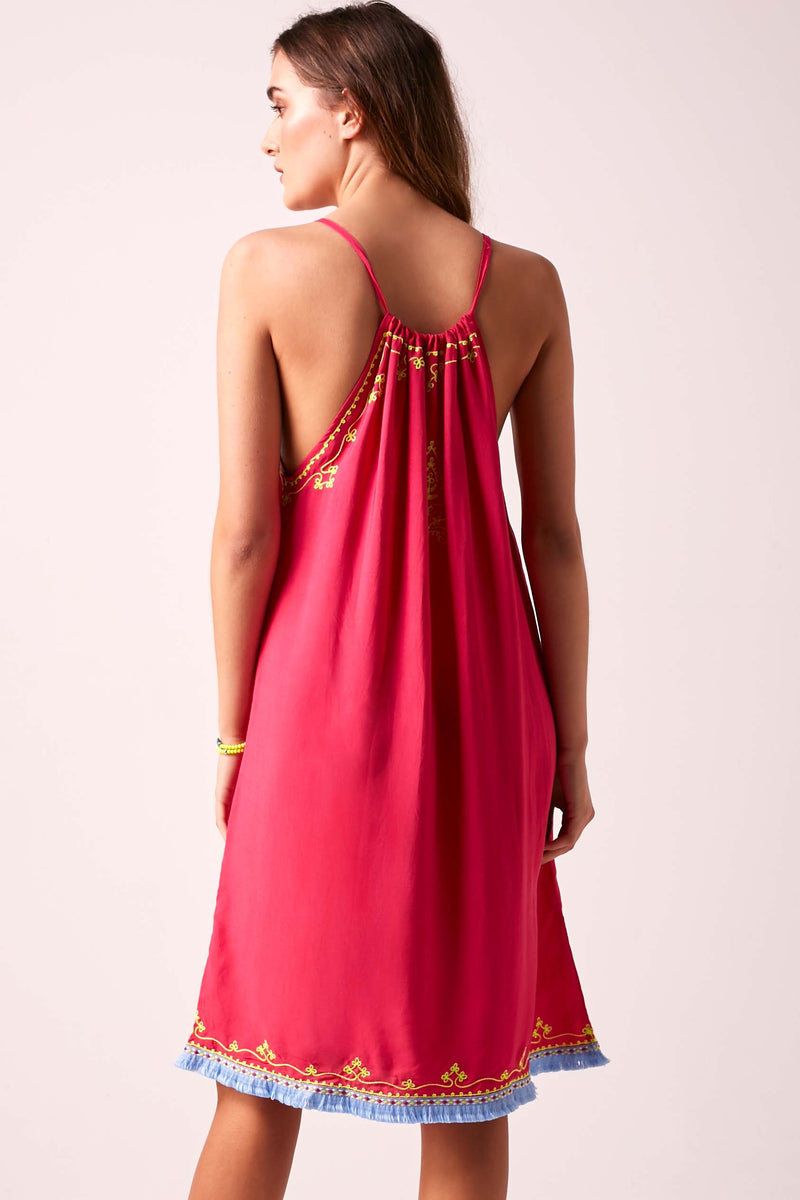 BOHO BIBI - Sun Dress - Fuchsia with Vivid Lime Embroidery