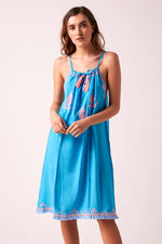 BOHO BIBI - Sun Dress  - Turquoise with Bubblegum Pink Embroidery