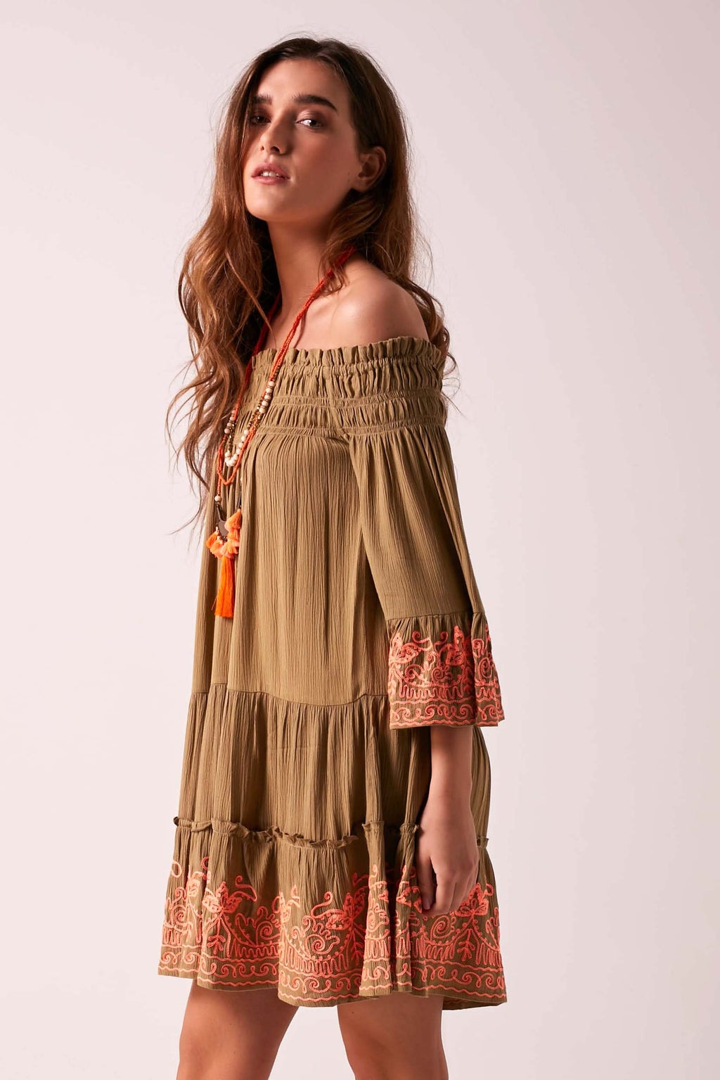 BRIGITTE - Baby Doll Dress - Khaki & Neon Coral