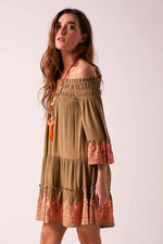 BRIGITTE - Baby Doll Dress - Khaki & Neon Coral
