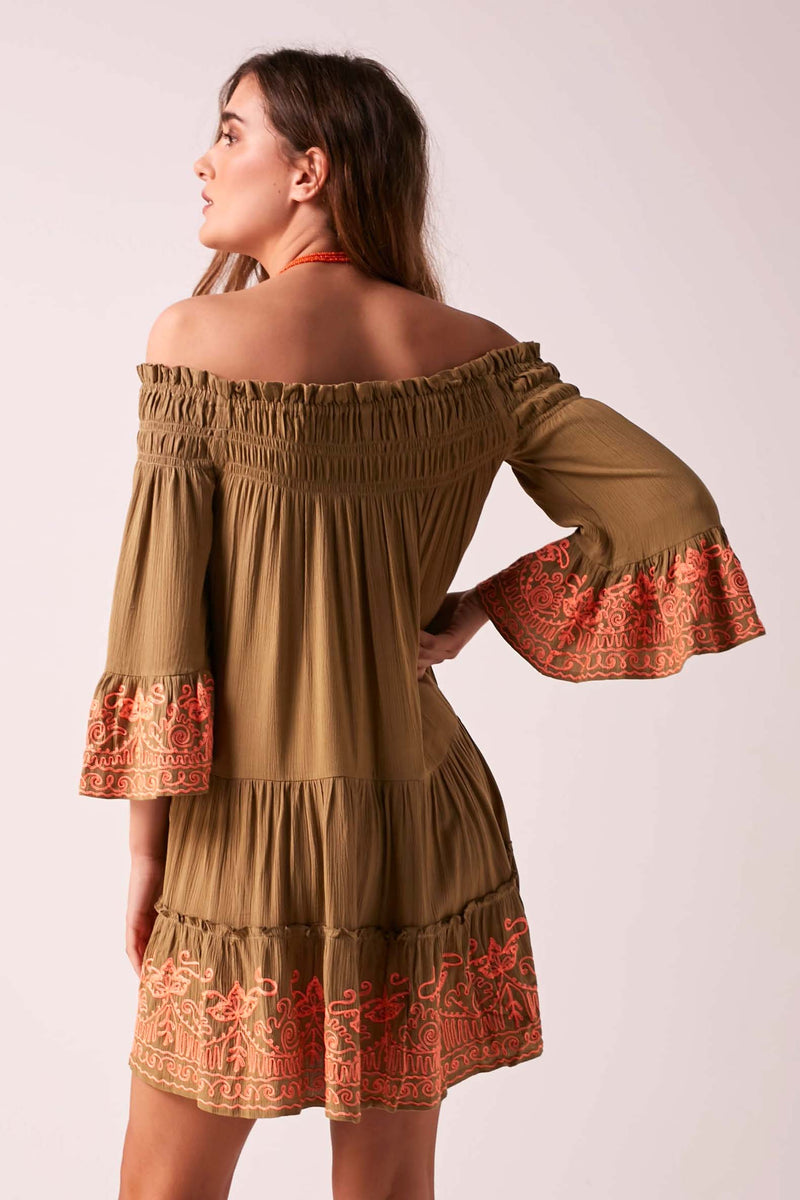 BRIGITTE - Baby Doll Dress - Khaki & Neon Coral