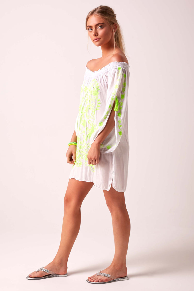 Fiesta Bardot Off The Shoulder Beach Dress - White Neon Lime Green