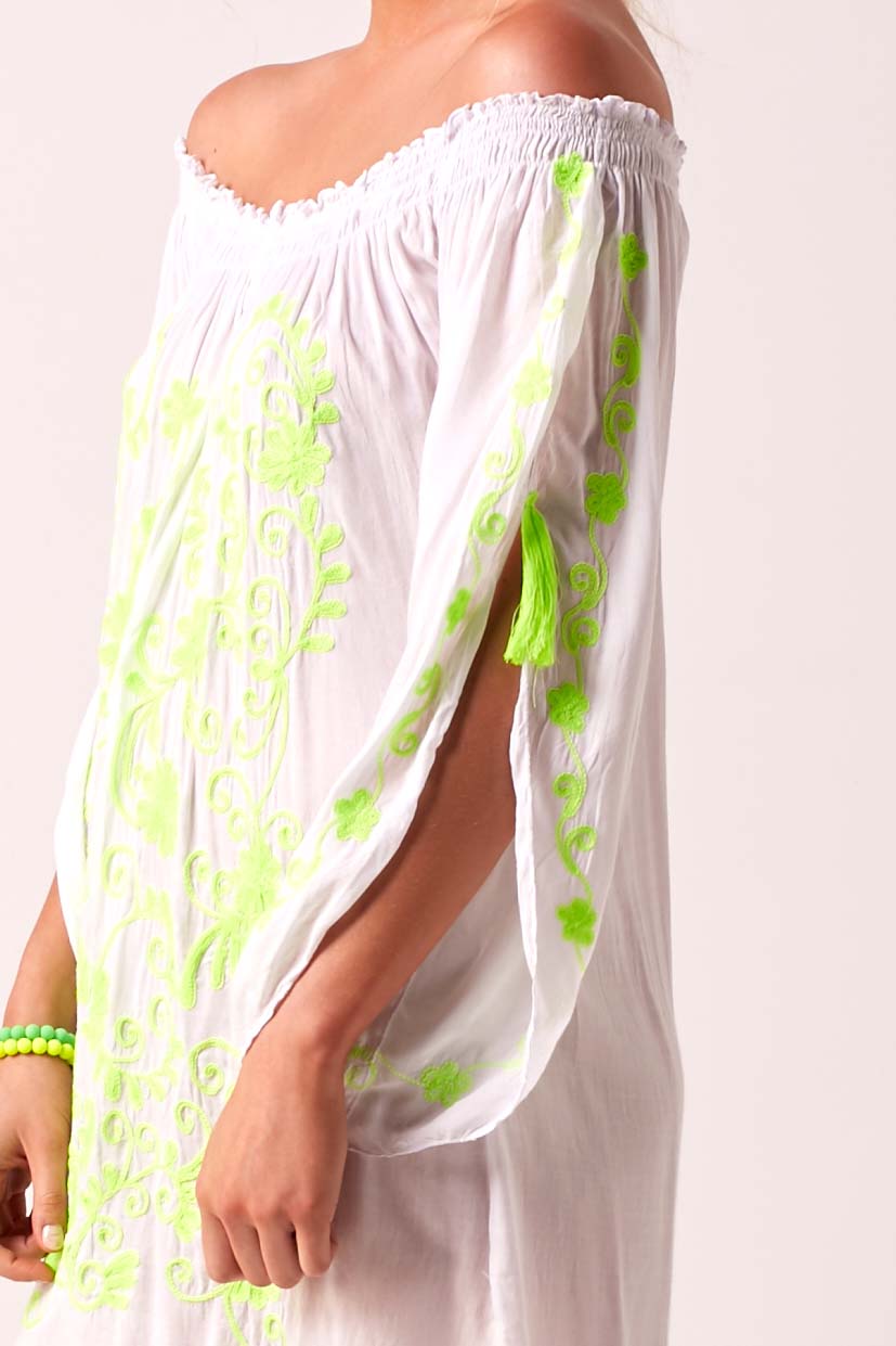 Fiesta Bardot Off The Shoulder Beach Dress - White Neon Lime Green
