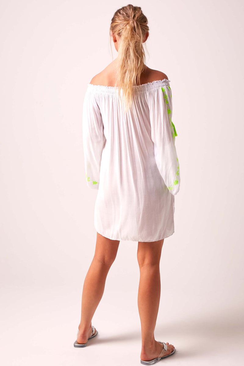 Fiesta Bardot Off The Shoulder Beach Dress - White Neon Lime Green