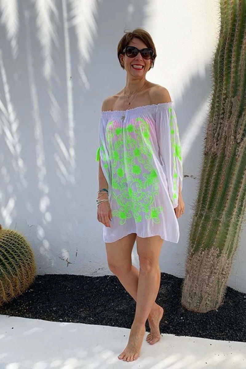 Fiesta Bardot Off The Shoulder Beach Dress - White Neon Lime Green