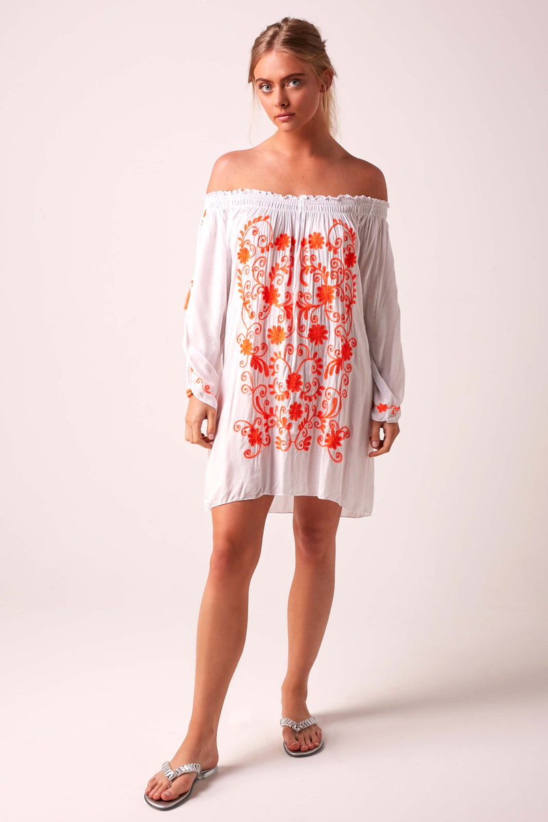 Fiesta Bardot Off The Shoulder Beach Dress - White and Neon Orange