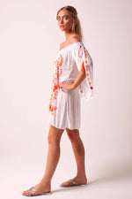 Fiesta Bardot Off The Shoulder Beach Dress - White and Neon Orange