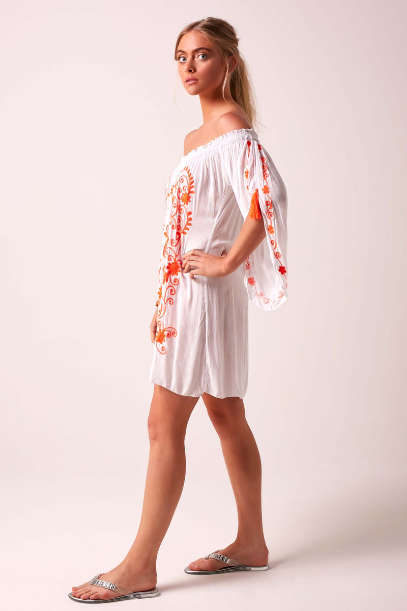 Fiesta Bardot Off The Shoulder Beach Dress - White and Neon Orange
