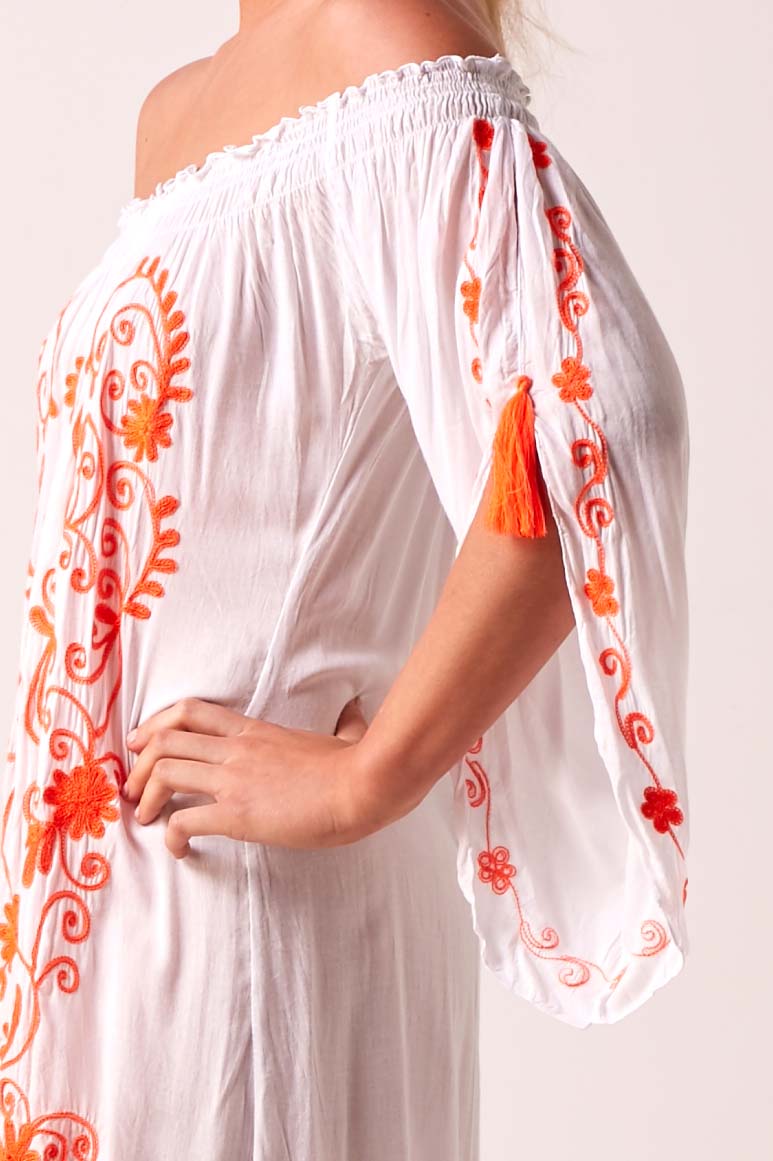 Fiesta Bardot Off The Shoulder Beach Dress - White and Neon Orange