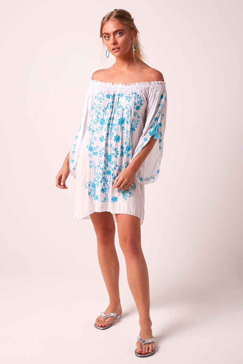 Fiesta Bardot Off The Shoulder Beach Dress - White and Turquoise