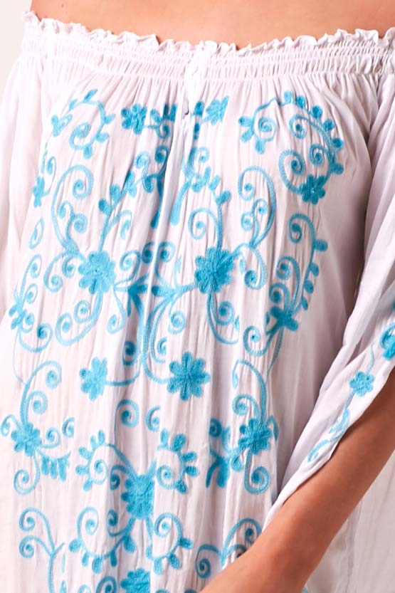 Fiesta Bardot Off The Shoulder Beach Dress - White and Turquoise