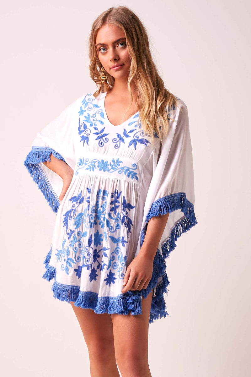 Jess Beach Dress - Fringed Tassel in Blue and White