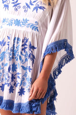 Jess Beach Dress - Fringed Tassel in Blue and White