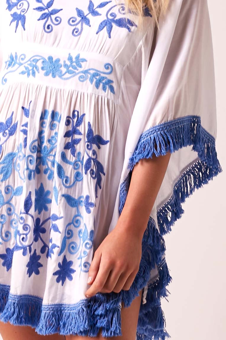 Jess Beach Dress - Fringed Tassel in Blue and White