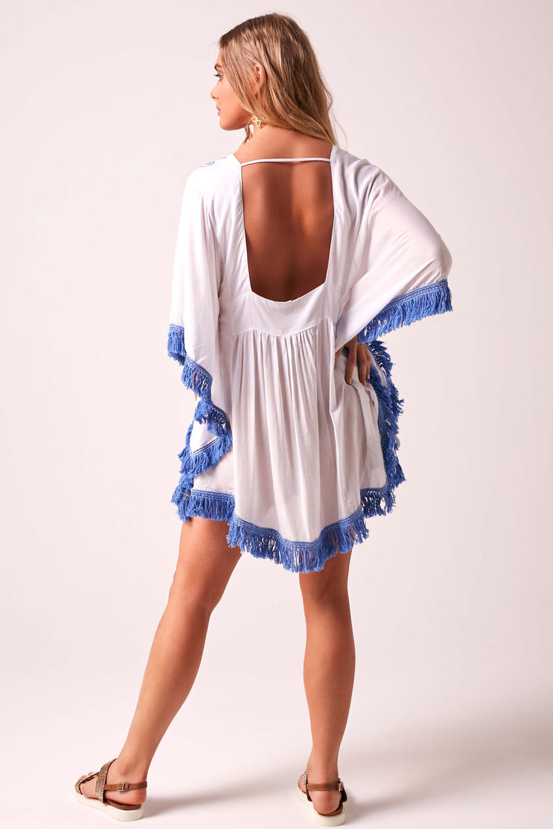 Jess Beach Dress - Fringed Tassel in Blue and White