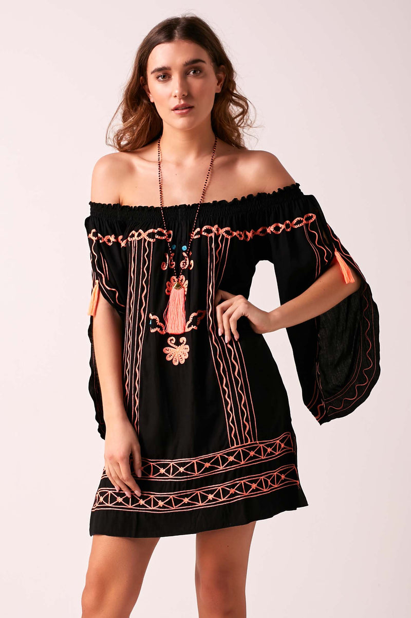 Kasbah Bardot Off The Shoulder Dress - Black with Neon Embroidery