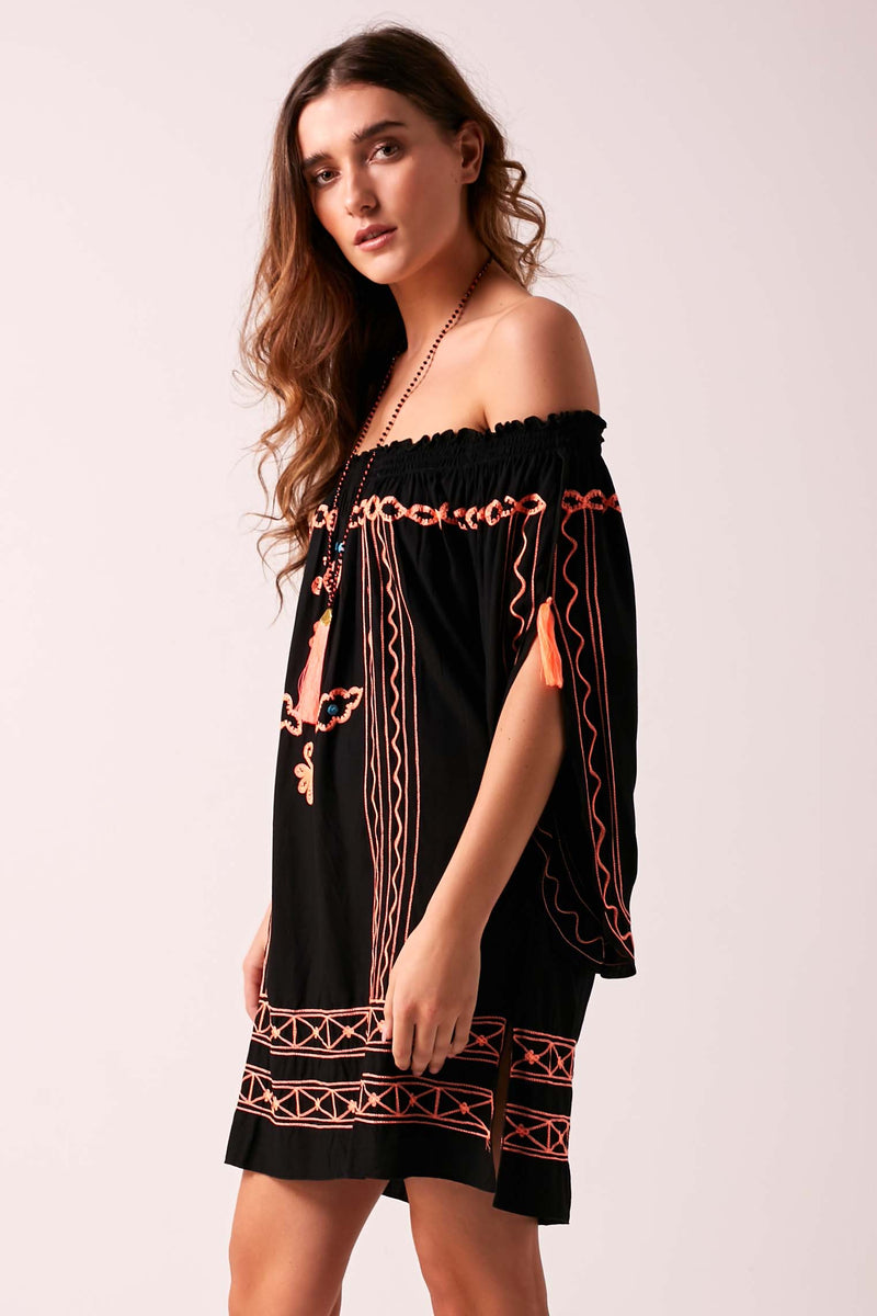 Kasbah Bardot Off The Shoulder Dress - Black with Neon Embroidery