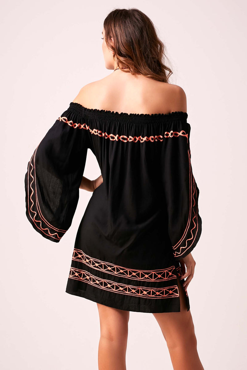 Kasbah Bardot Off The Shoulder Dress - Black with Neon Embroidery
