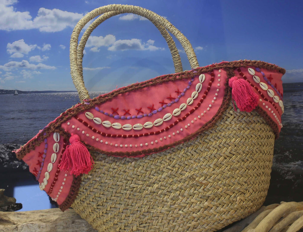 Shell and tassel trimmed IBIZA beach basket - FLAMINGO PINK