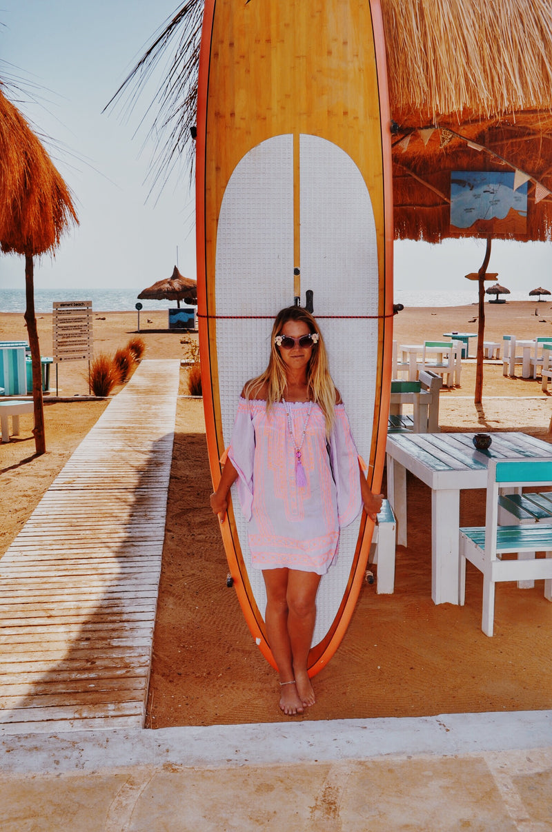Bardot Dress Off the Shoulder - Lilac and Neon Coral