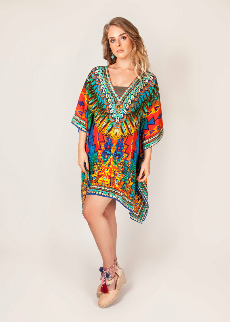 AZTEC - 100% Silk - Luxury Kaftan - Multicoloured