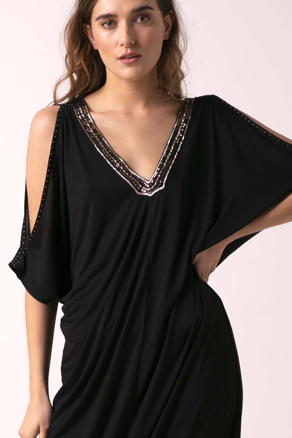 Athena Embellished V-Neck Cold Shoulder Maxi Dress Black