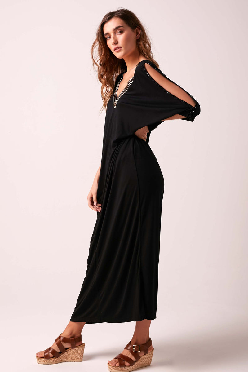 Athena Embellished V-Neck Cold Shoulder Maxi Dress Black