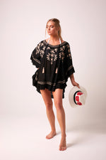 Daisy - Poncho style embroidered boho top - Black