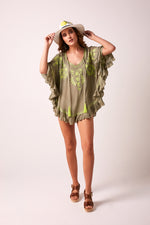 Daisy - poncho style boho kaftan - Khaki and Lime