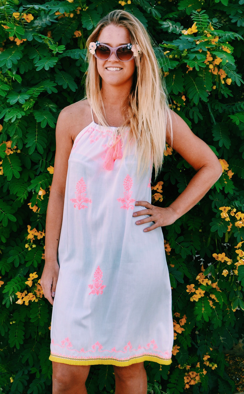Racer Neck and Back Beach Dress - White with Pink Embroidery