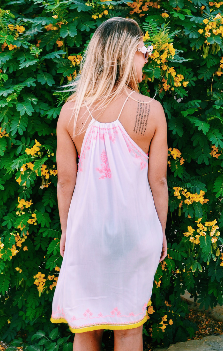 Racer Neck and Back Beach Dress - White with Pink Embroidery